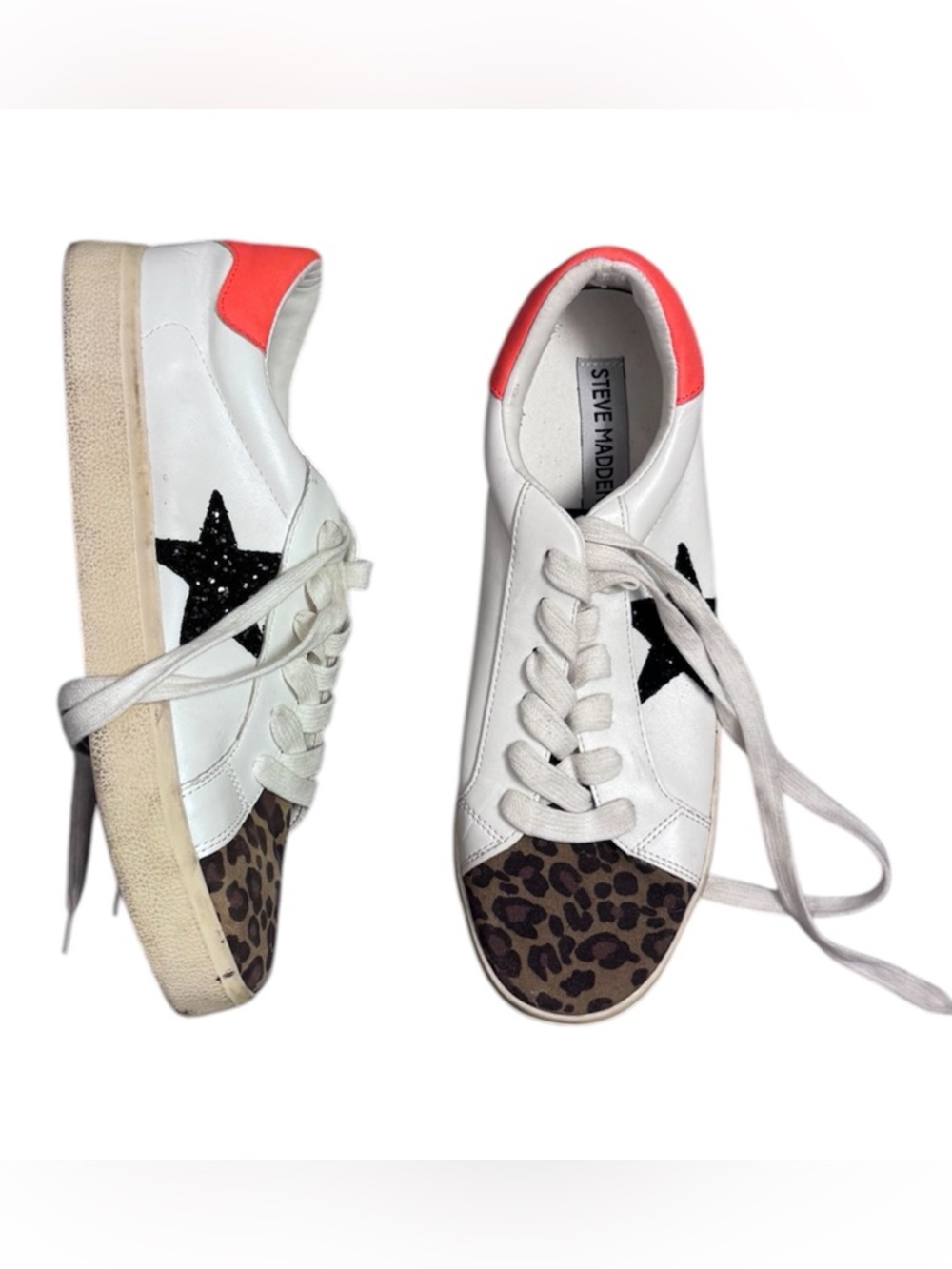 Steve Madden White Leather Sneakers with Black Star, Coral Heel & Leopard Toe